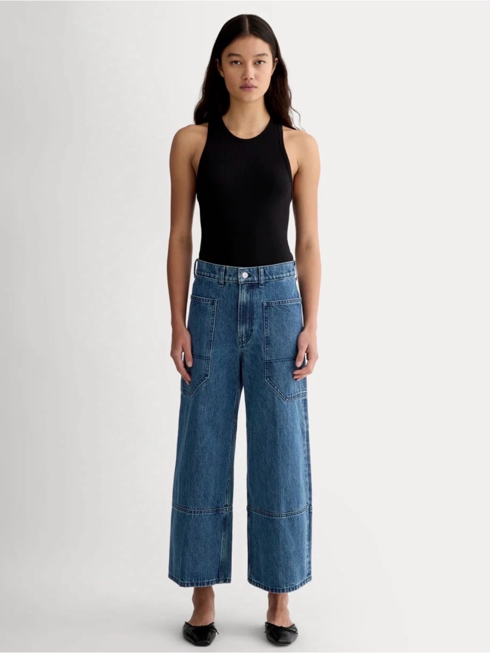 Wide-Leg Patch Pocket Jeans - Blue